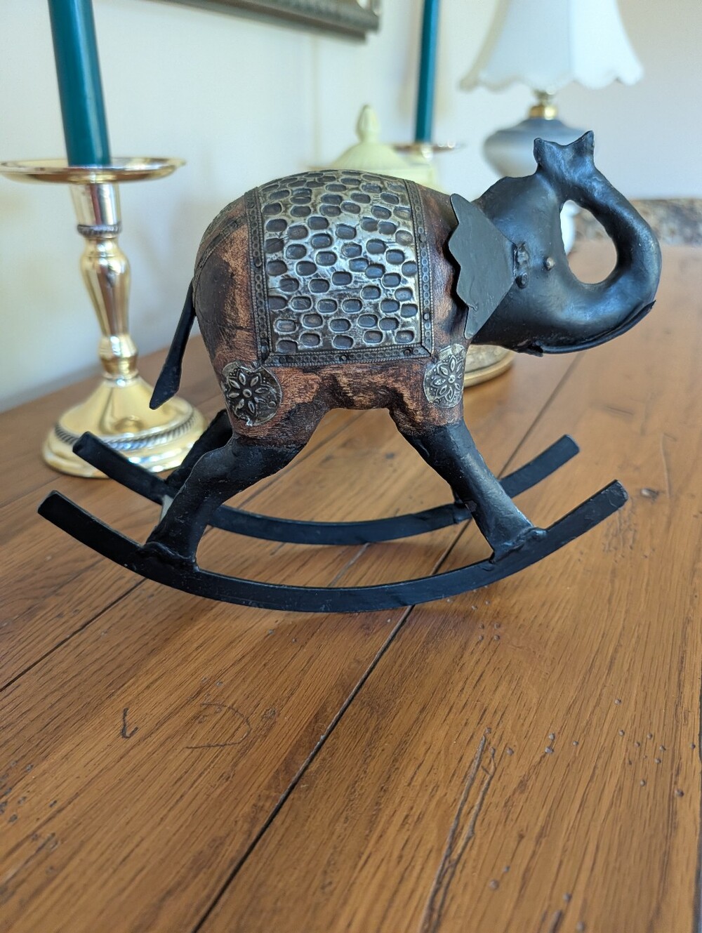 RARE VINTAGE ROCKING ELEPHANT BROWN WOOD & METAL HOME DECOR DECORATION